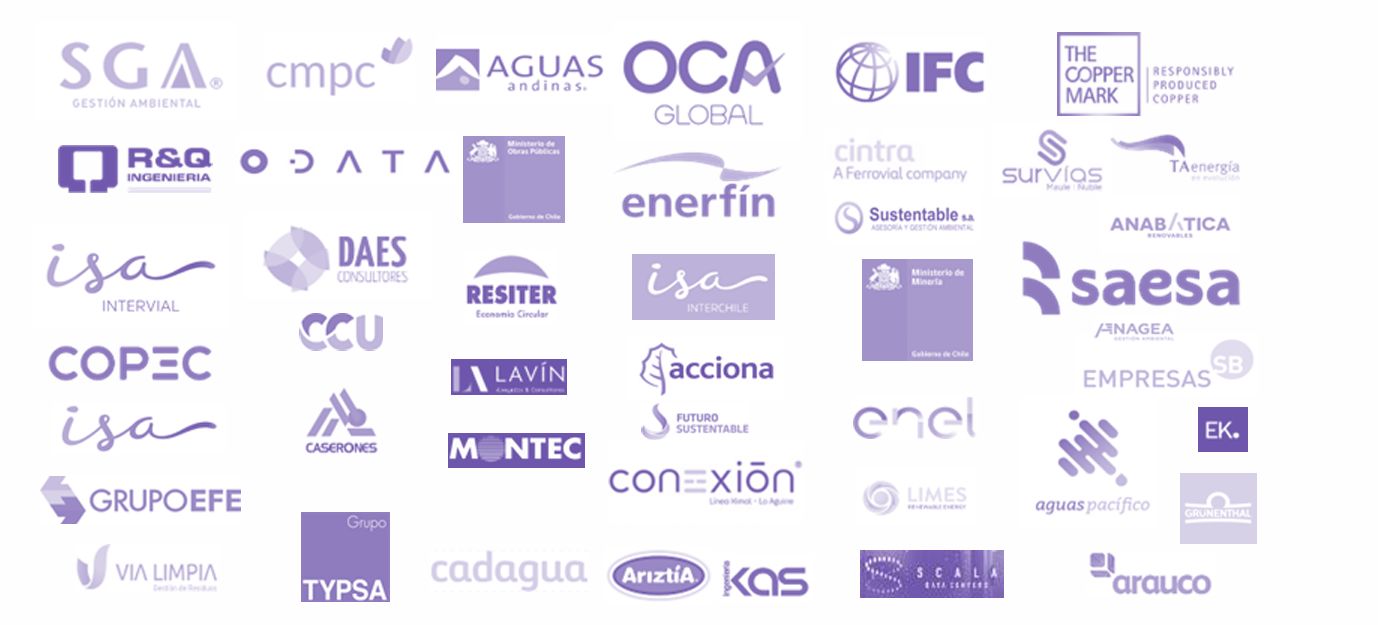 Logos de clientes de GEMA Social, entre ellos CMPC, Aguas Andinas, IFC, Ministerio de Obras Públicas, ISA Intervial, ISA Interchile, SAESA, Copec, Acciona, Enel, Conexión Kimal–Lo Aguirre, Grupo EFE, Scala Data Centers, ODATA y Arauco