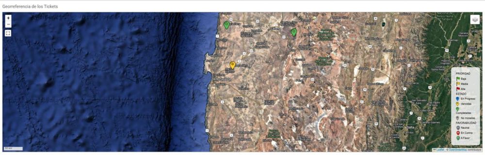 Mapa satelital con tickets georreferenciados por estado y prioridad